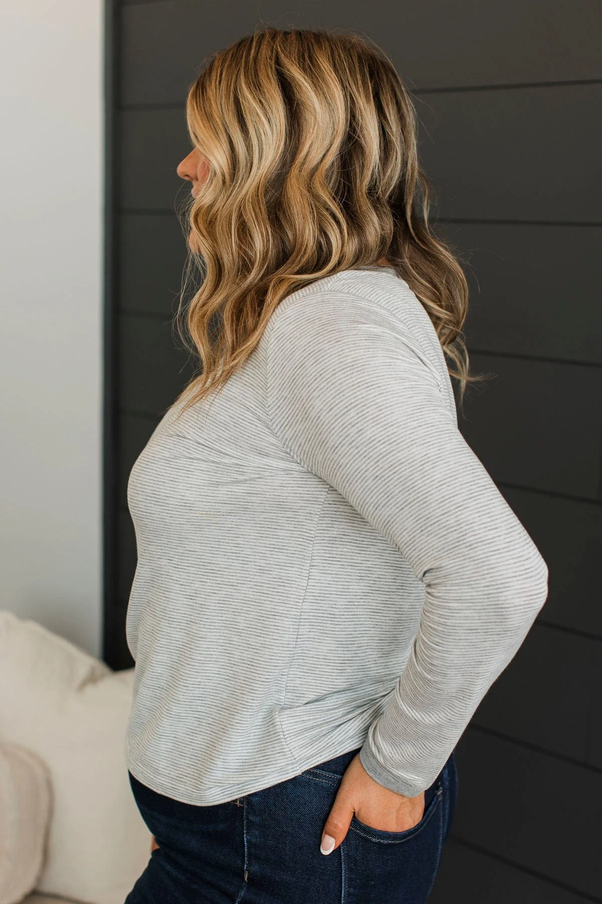 Sweetest Days Striped V-Neck Top- Heather Grey - Image 6