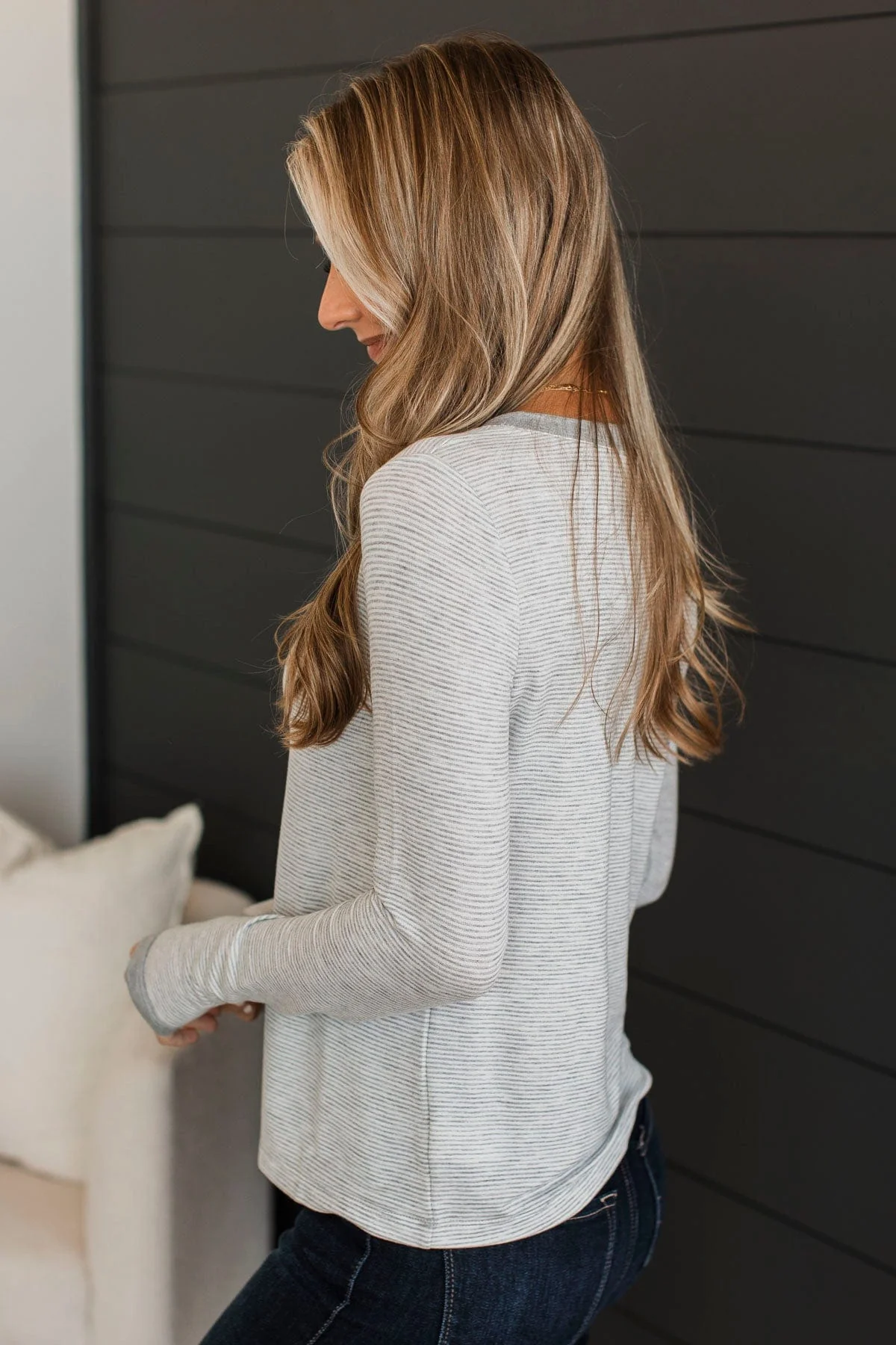 Sweetest Days Striped V-Neck Top- Heather Grey - Image 7