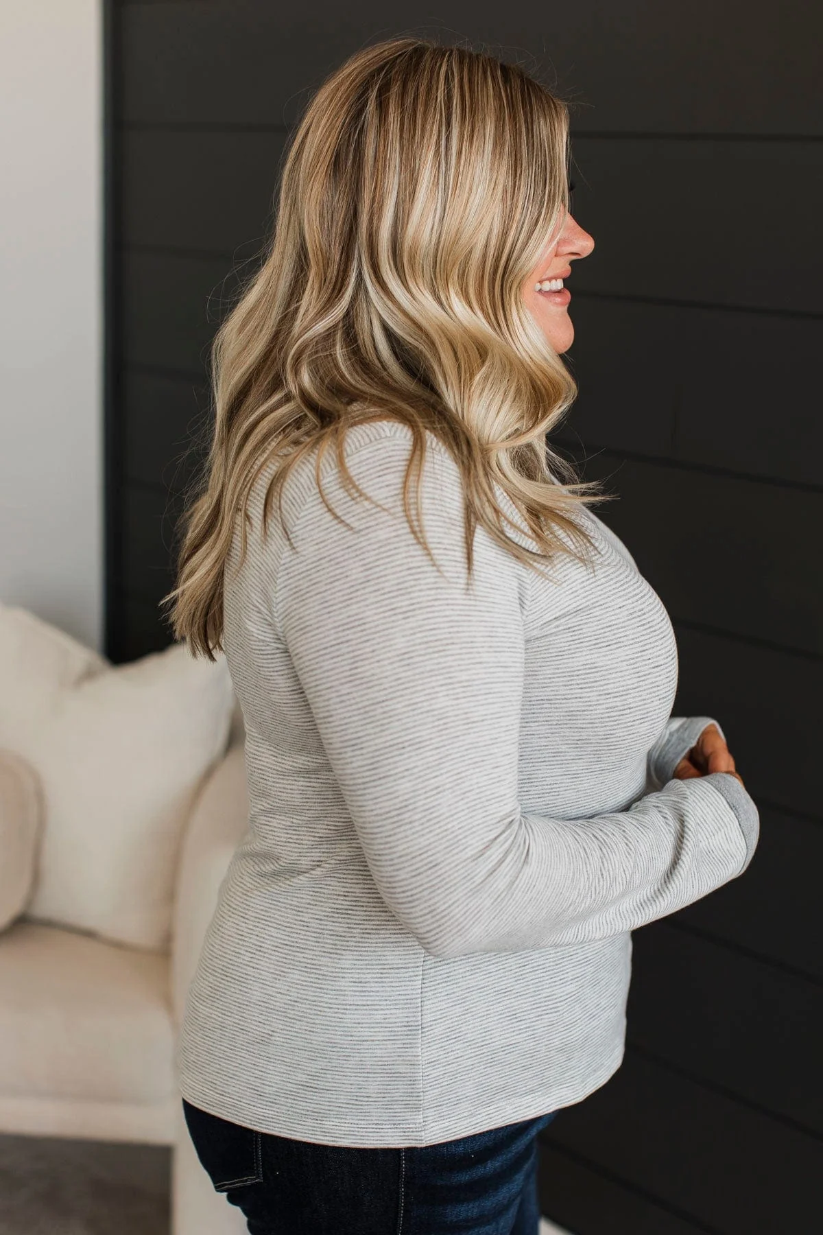 Sweetest Days Striped V-Neck Top- Heather Grey - Image 8