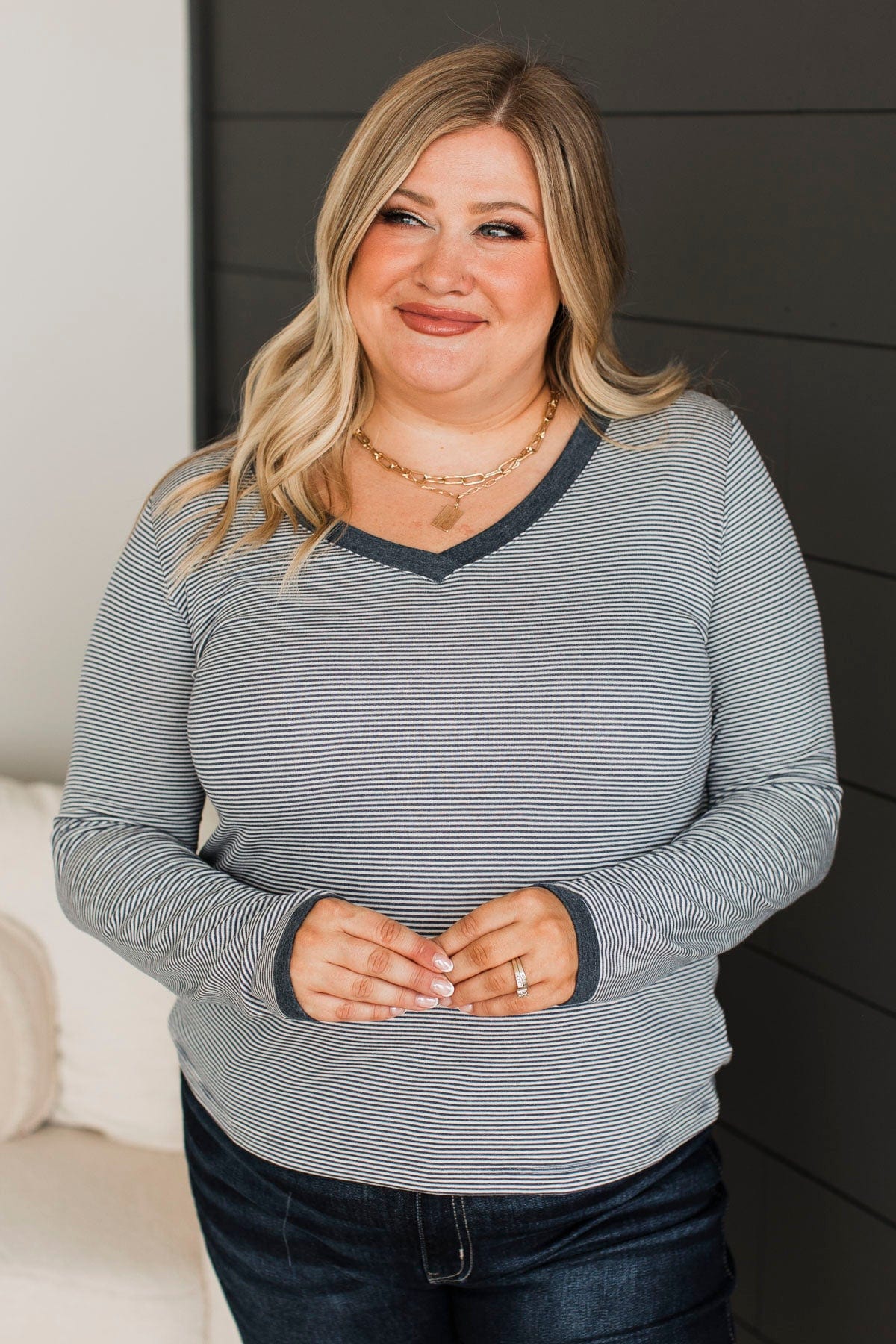 Sweetest Days Striped V-Neck Top- Navy - Image 2