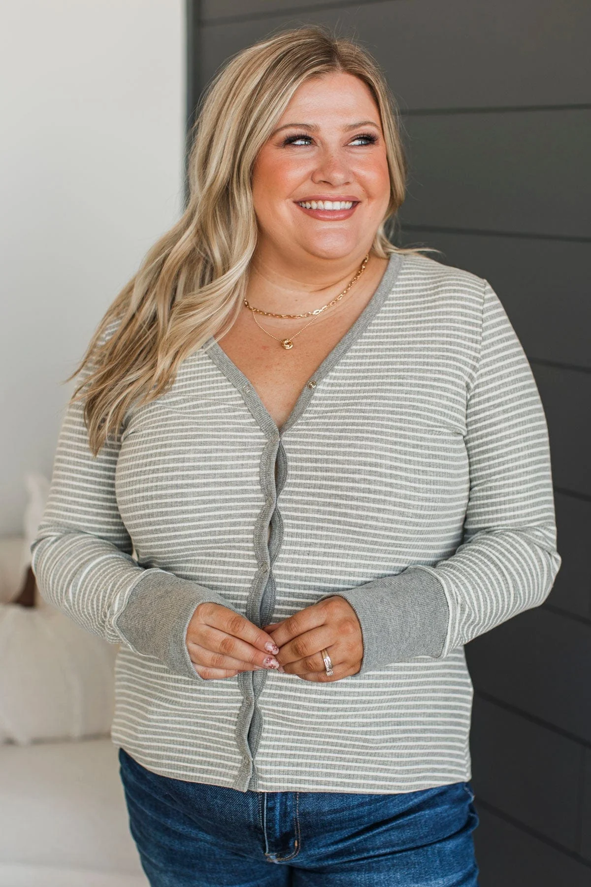 Sweetest Memory Striped Button Cardigan- Heather Grey - Image 2