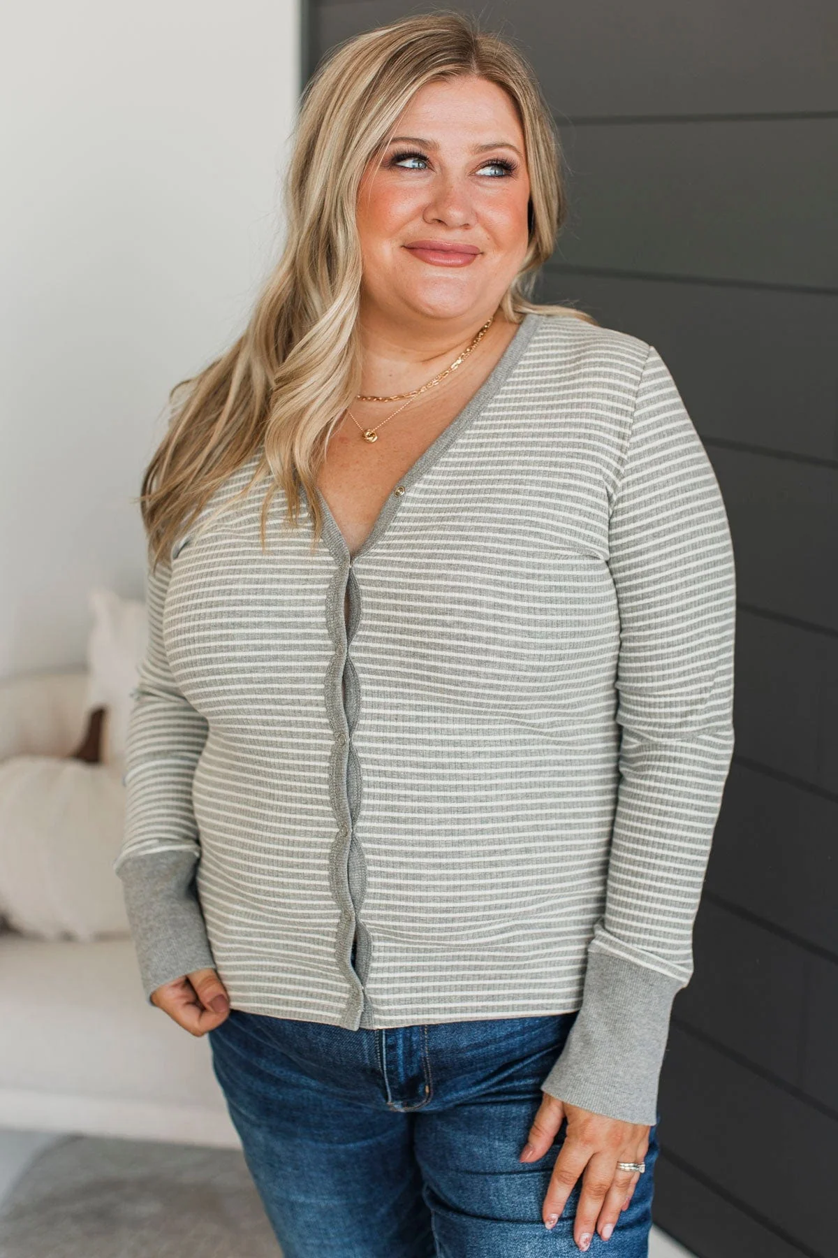 Sweetest Memory Striped Button Cardigan- Heather Grey - Image 4