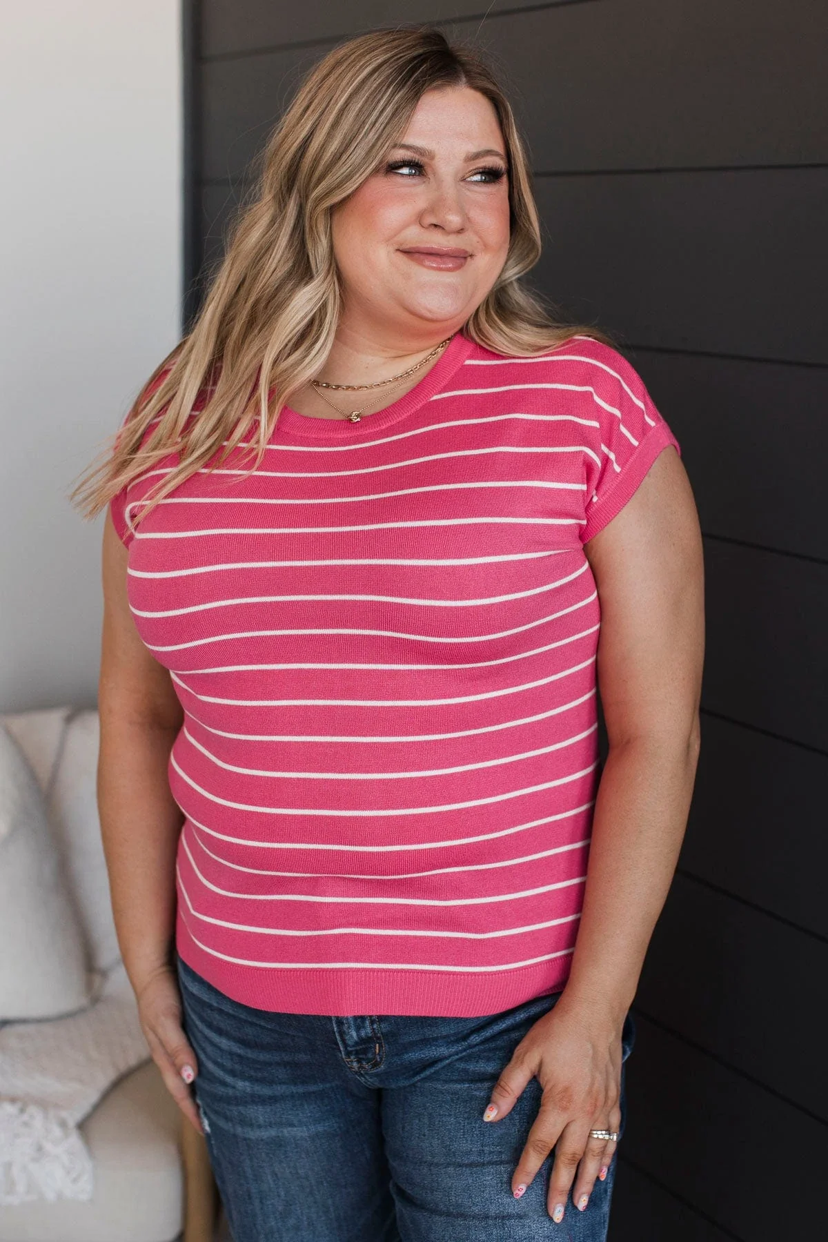 Sweetest Wish Striped Knit Top- Hot Pink - Image 3