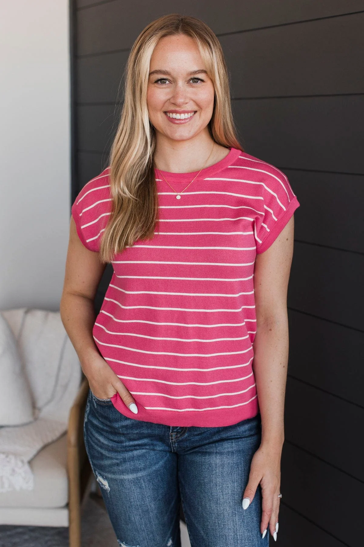 Sweetest Wish Striped Knit Top- Hot Pink - Image 4