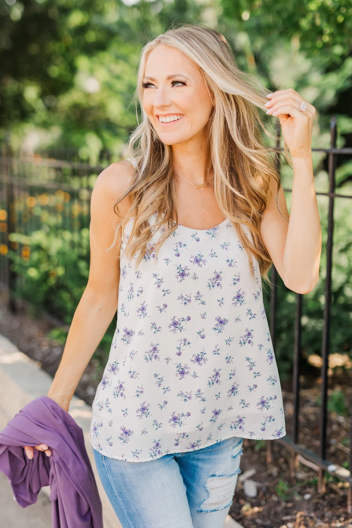 Swinging Into Summer Floral Tank Top- Ivory & Lavender - Image 5