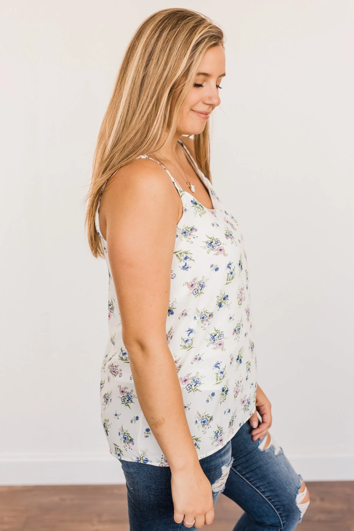 Swinging Into Summer Floral Tank Top- Ivory, Pink & Blue - Image 8