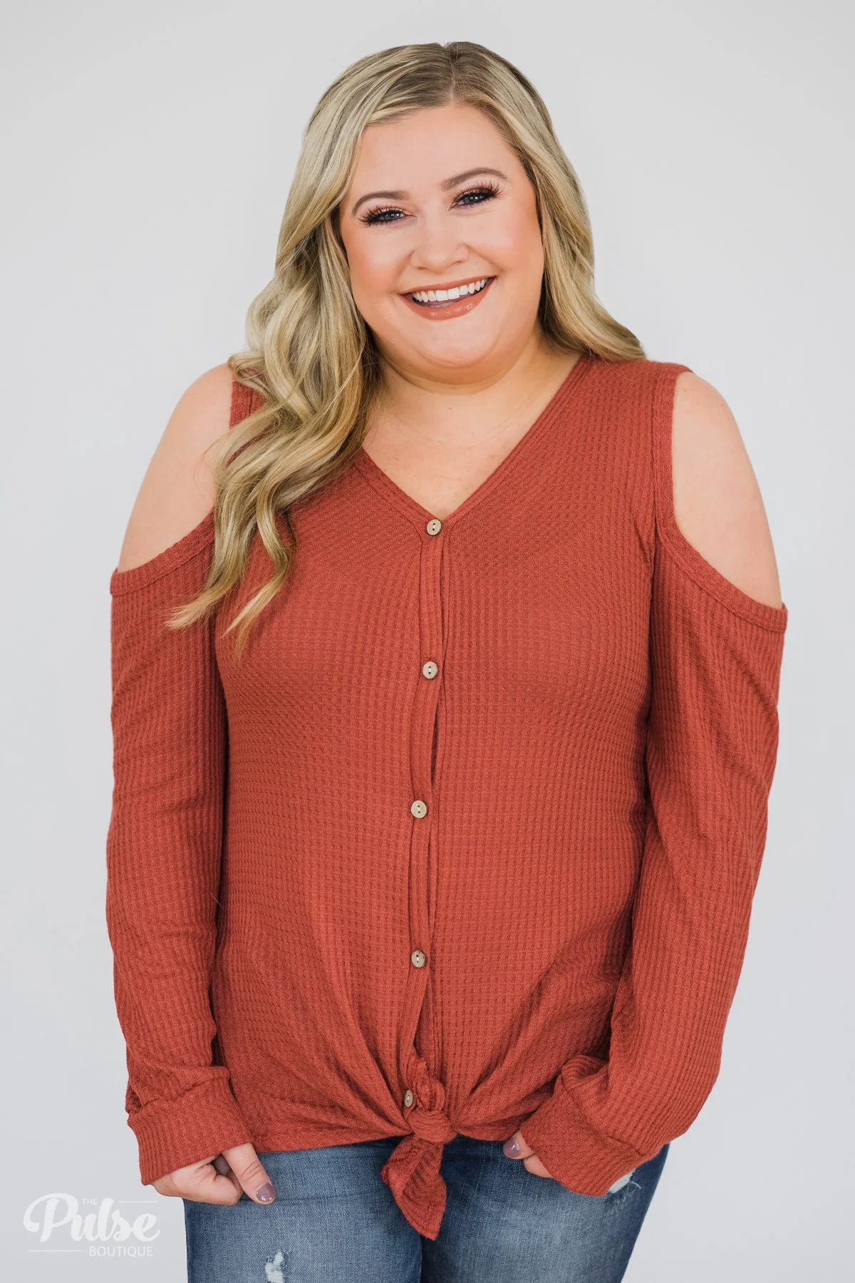 Take A Hint Cold Shoulder Thermal Top- Brick