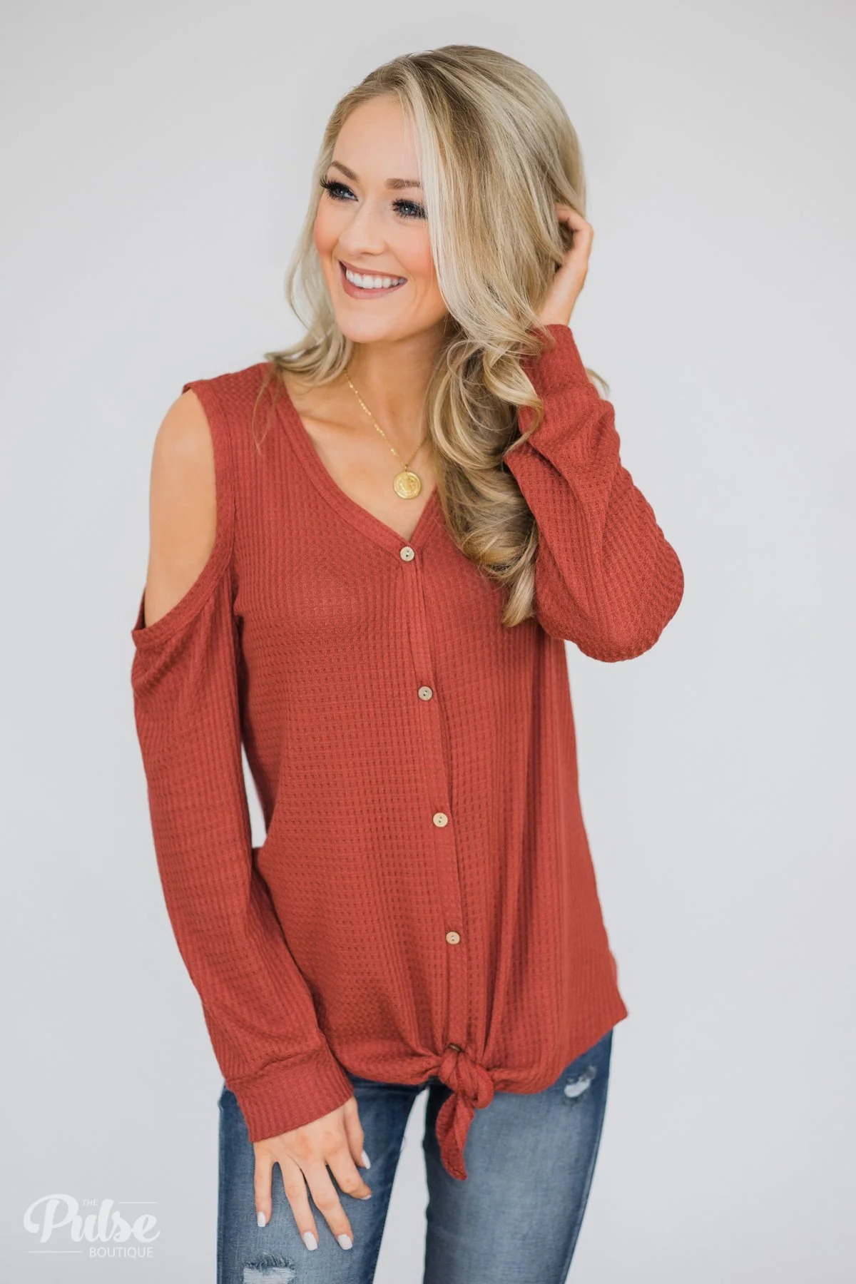 Take A Hint Cold Shoulder Thermal Top- Brick - Image 2