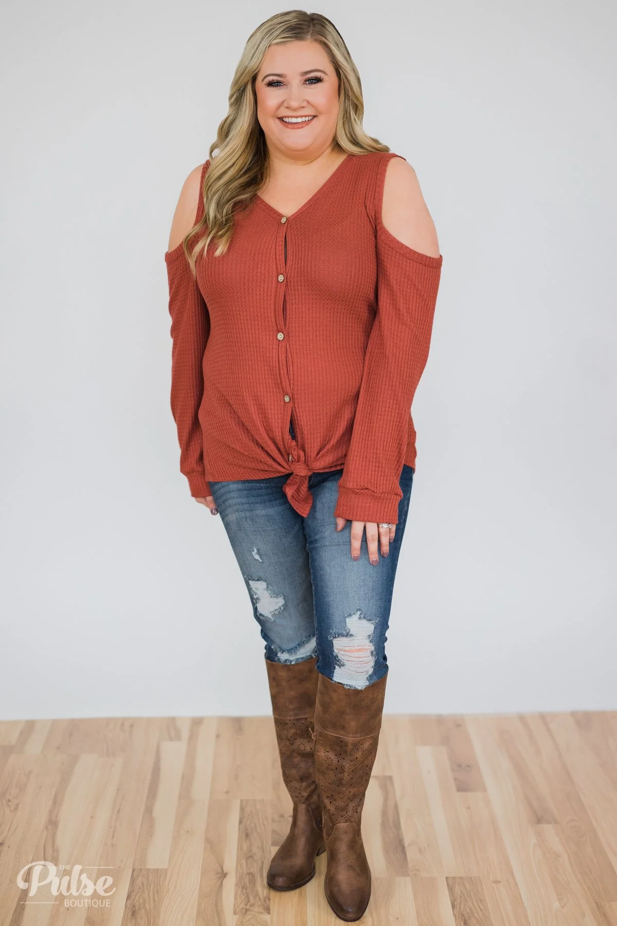 Take A Hint Cold Shoulder Thermal Top- Brick - Image 3
