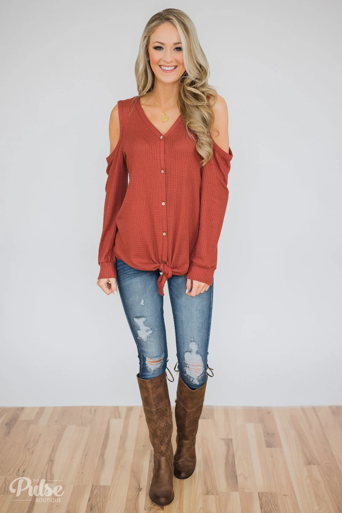 Take A Hint Cold Shoulder Thermal Top- Brick - Image 4