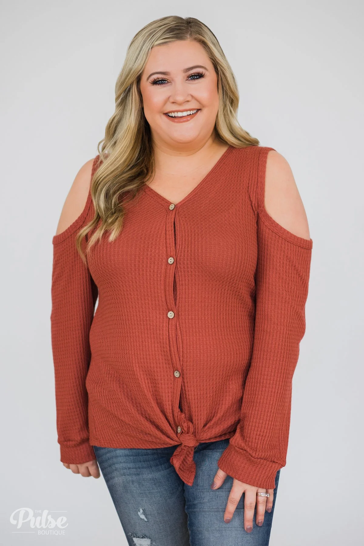 Take A Hint Cold Shoulder Thermal Top- Brick - Image 9