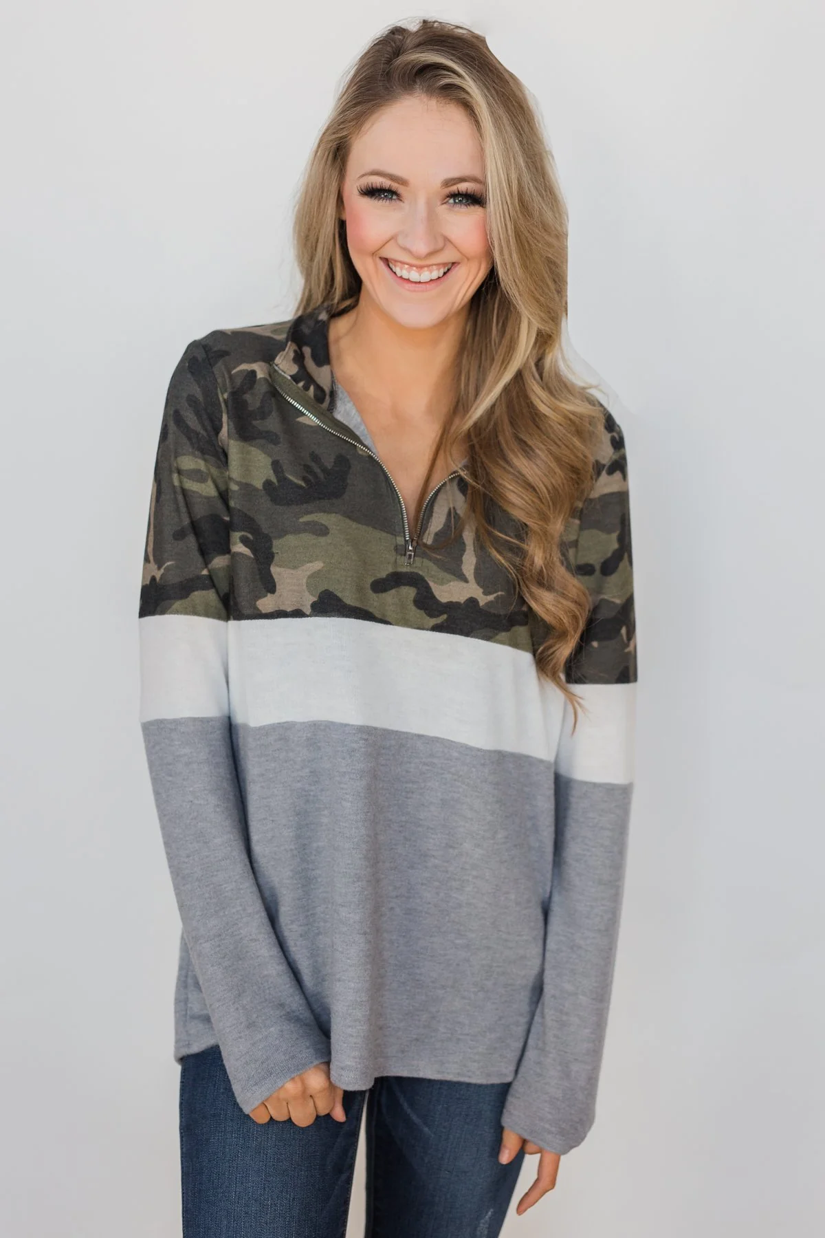 Take A Look Camo Quarter Zip Color Block Top - Image 4