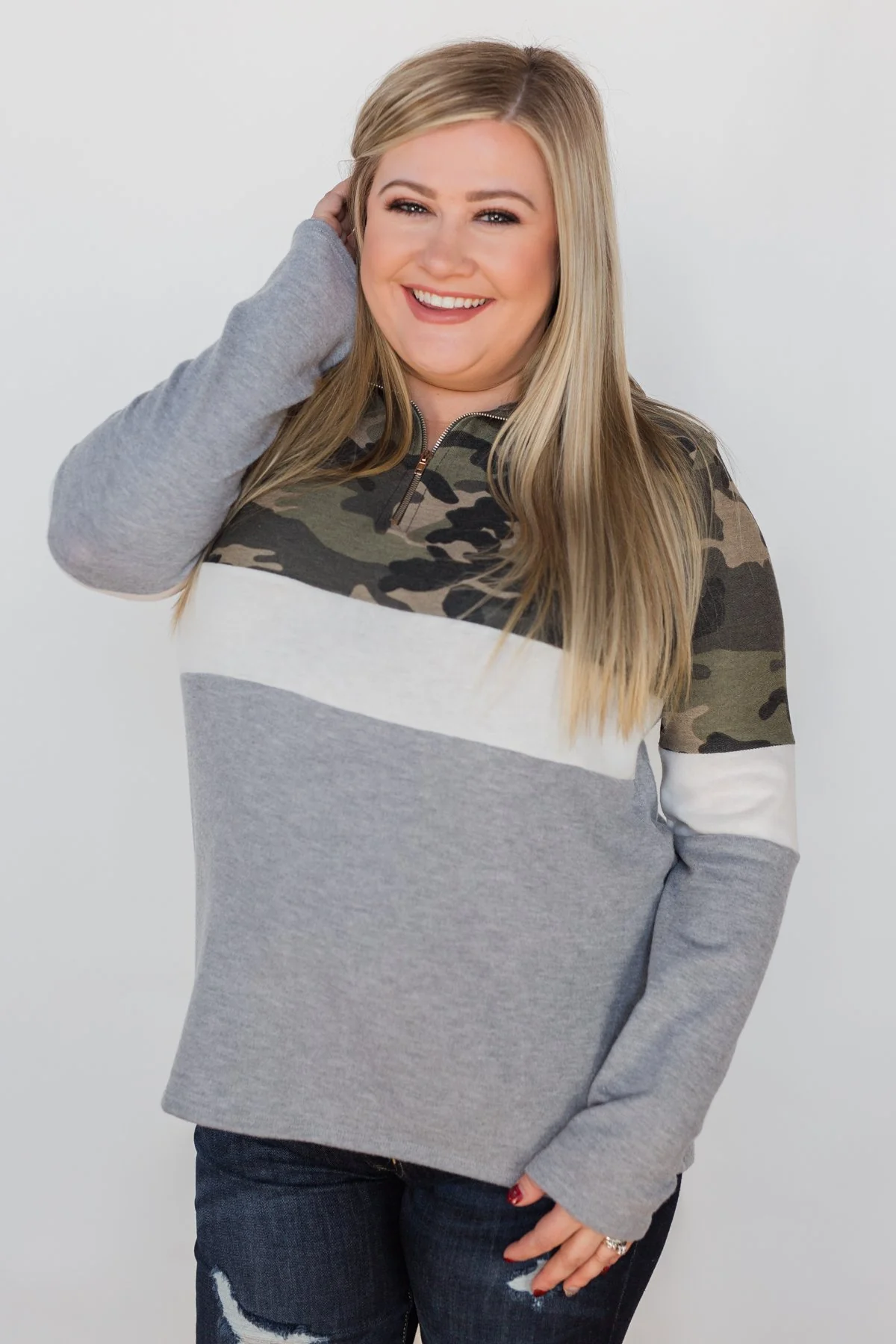Take A Look Camo Quarter Zip Color Block Top - Image 7