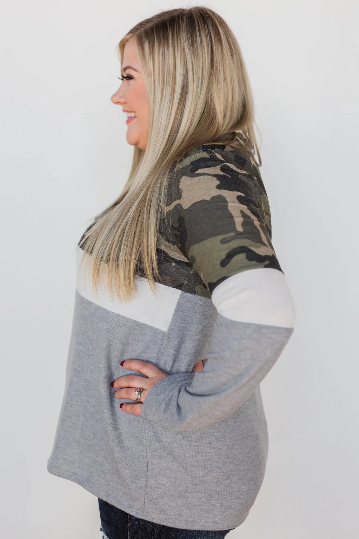 Take A Look Camo Quarter Zip Color Block Top - Image 9