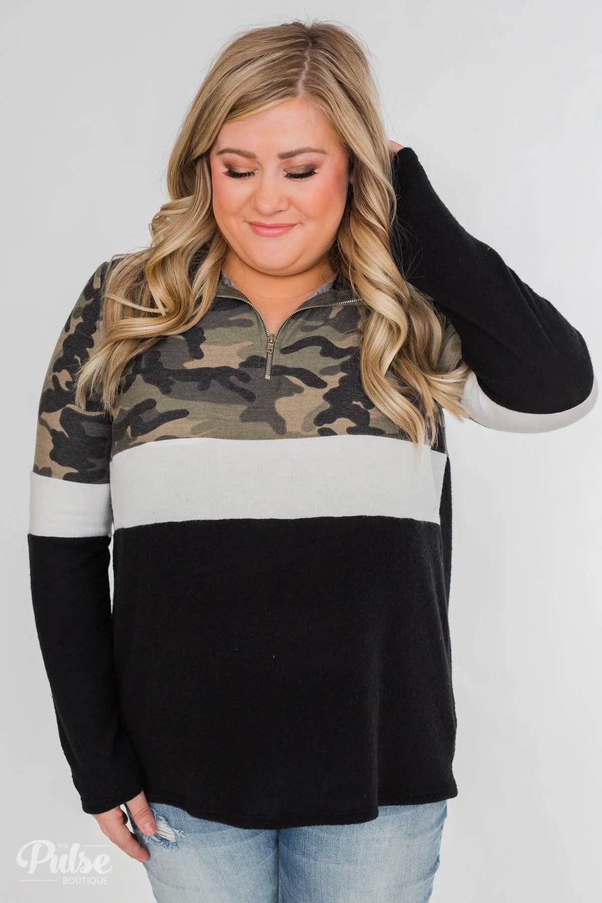 Take A Look Camo Quarter Zip Color Block Top- Black