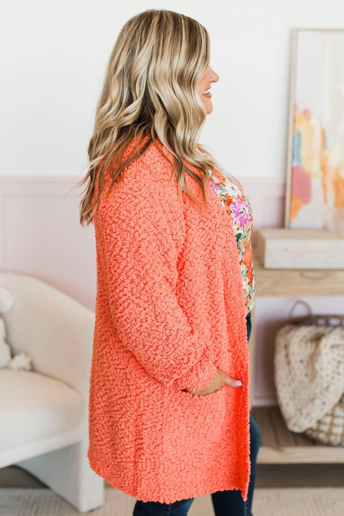 Take Another Look Popcorn Cardigan- Bright Coral - Image 3