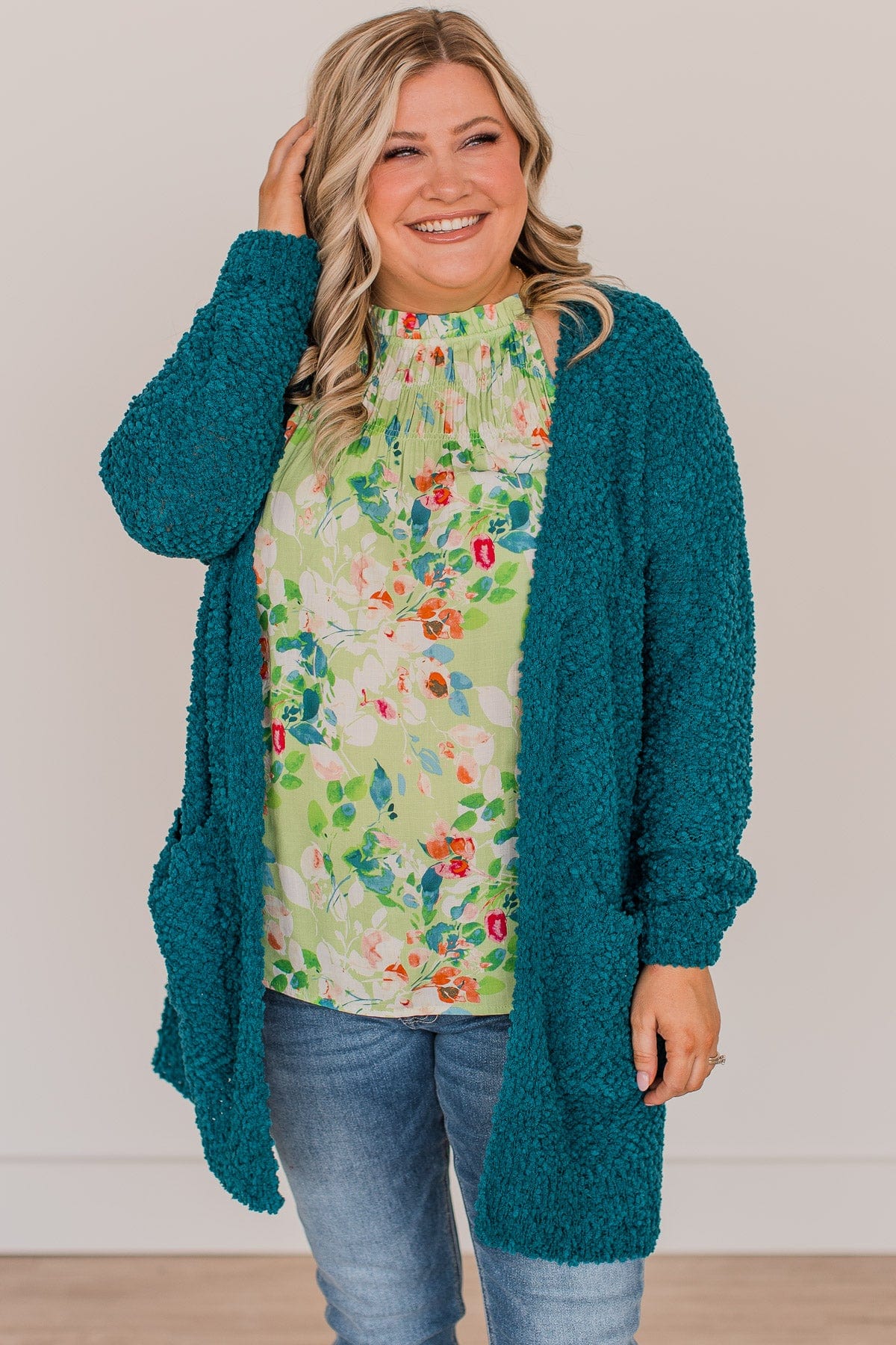 Take Another Look Popcorn Cardigan- Deep Teal - Image 3
