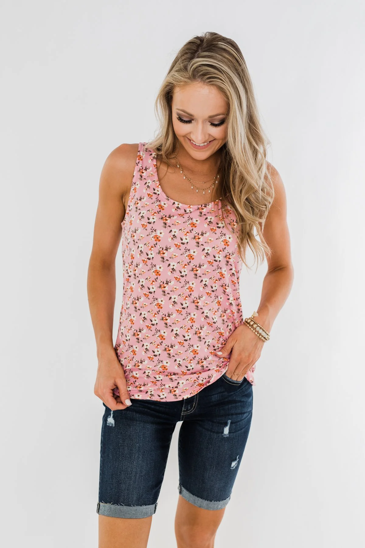 Take Care Floral Tank Top- Pink - Image 3