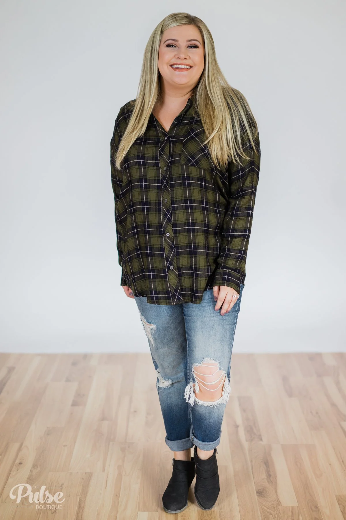 Take It Away Plaid Top- Olive & Navy - Image 2
