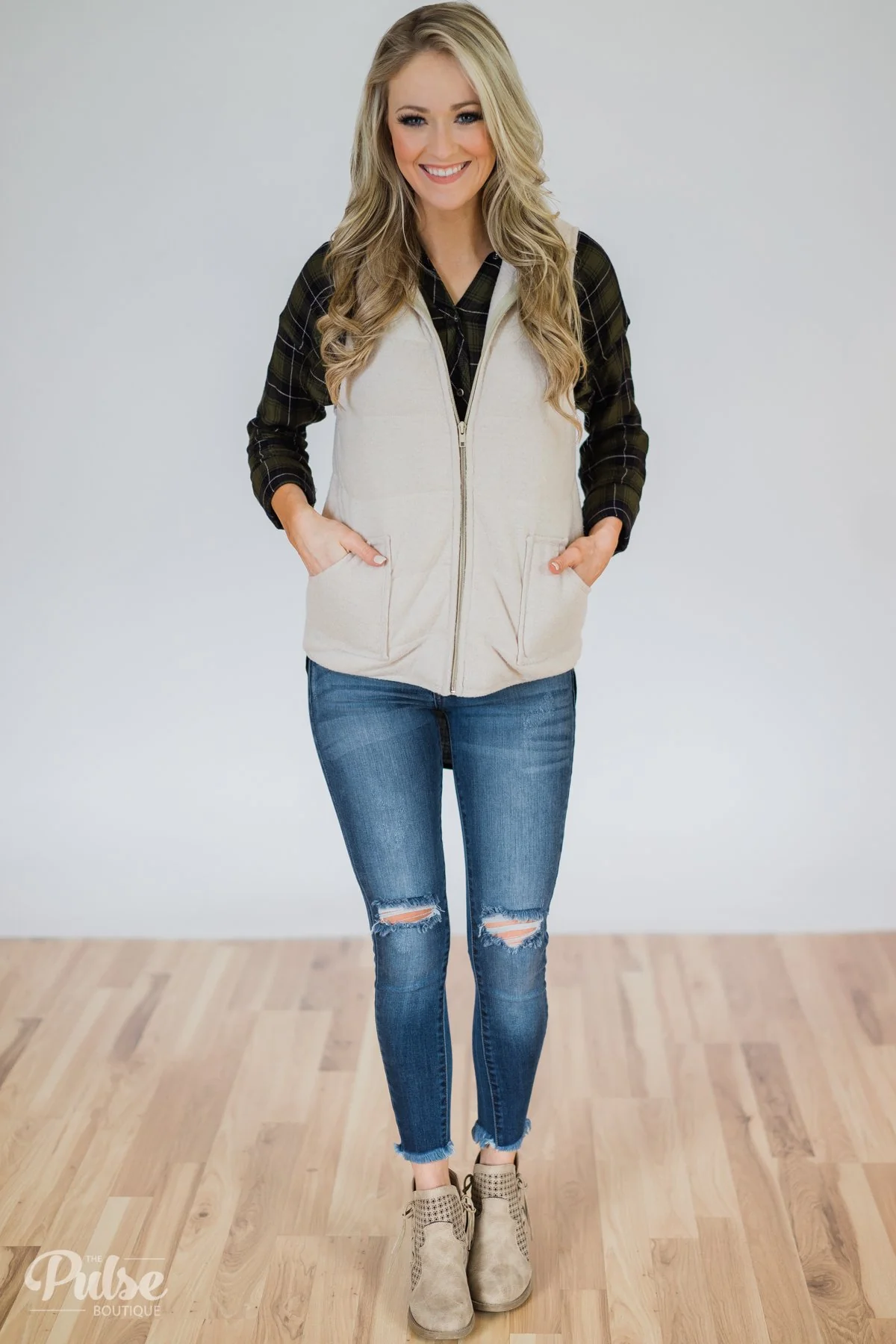 Take It Away Plaid Top- Olive & Navy - Image 4