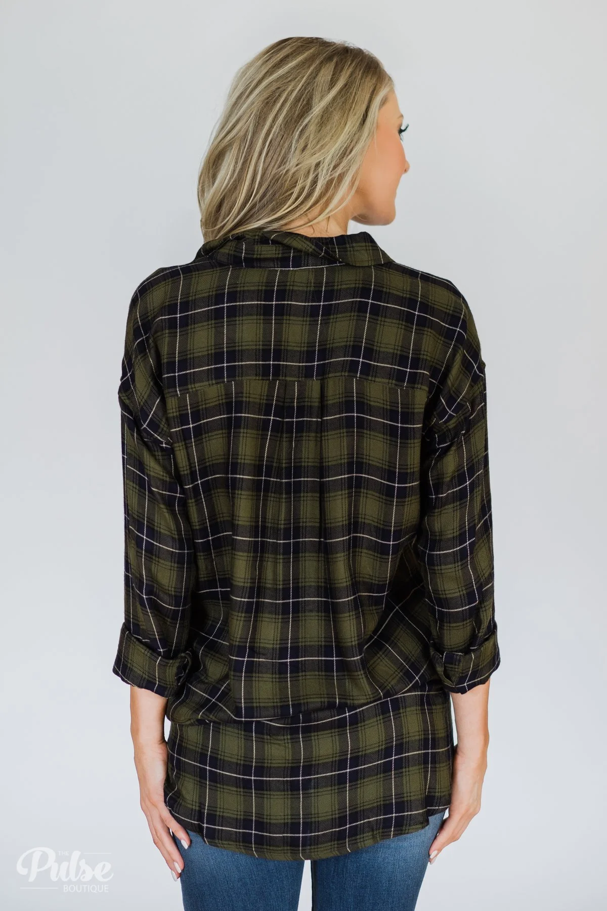 Take It Away Plaid Top- Olive & Navy - Image 7