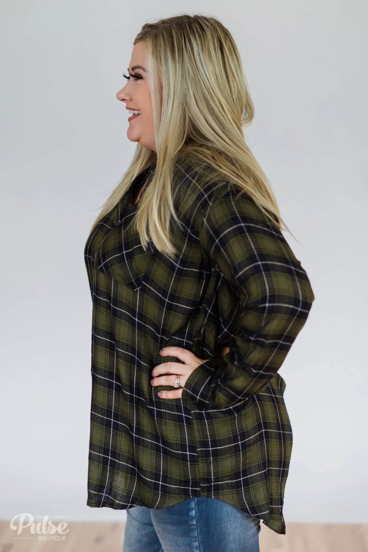 Take It Away Plaid Top- Olive & Navy - Image 9