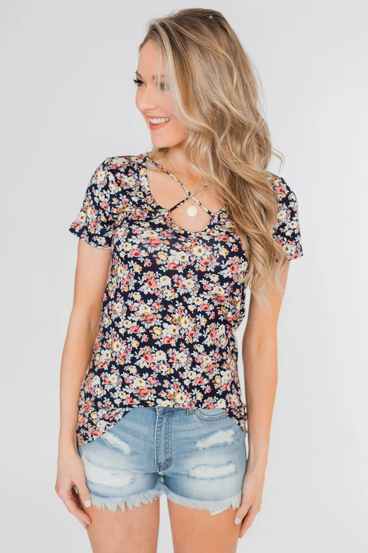 Take Me Away Floral Criss-Cross Top- Navy - Image 8