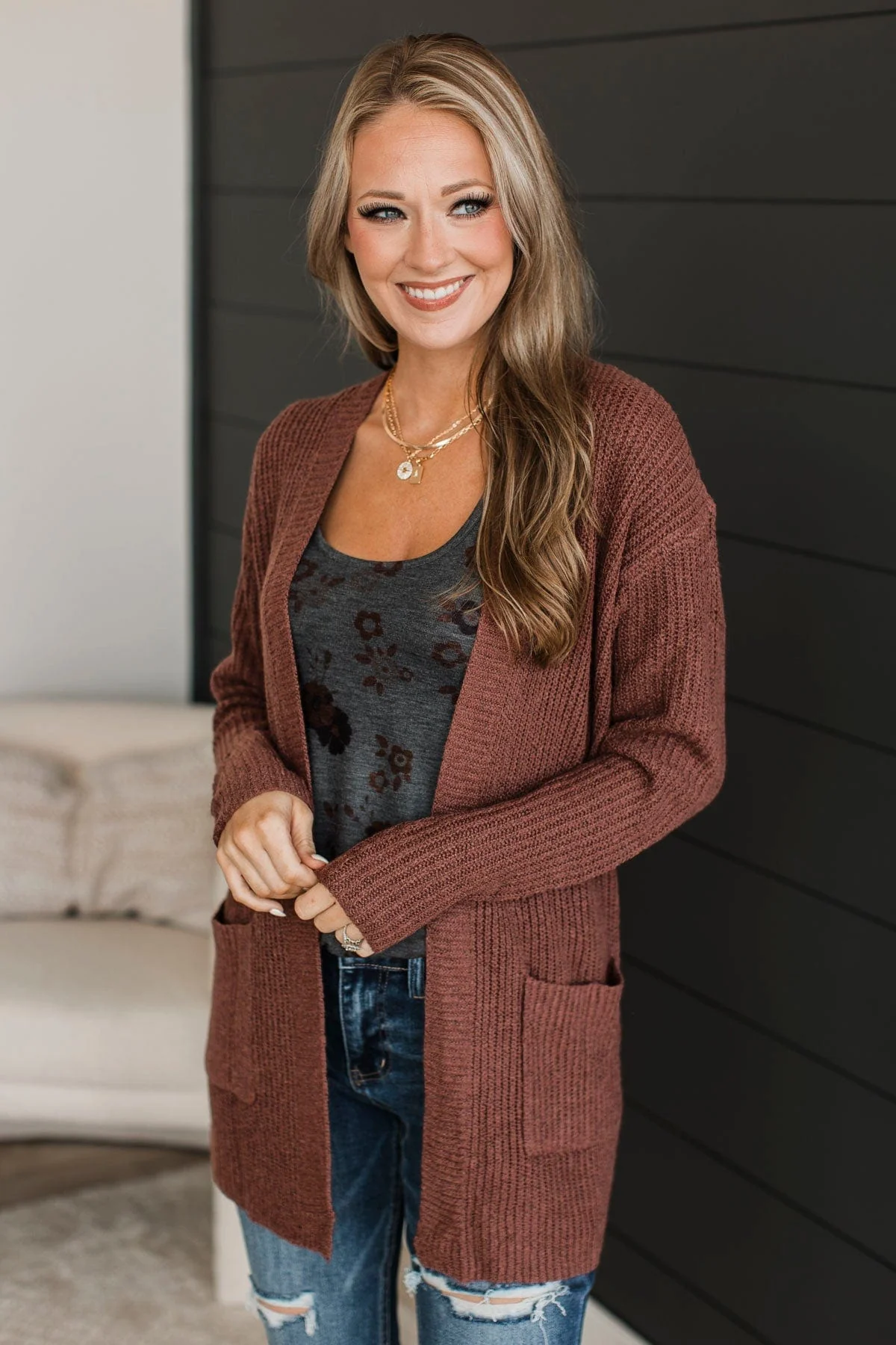 Take Me Places Knit Cardigan- Red Bean