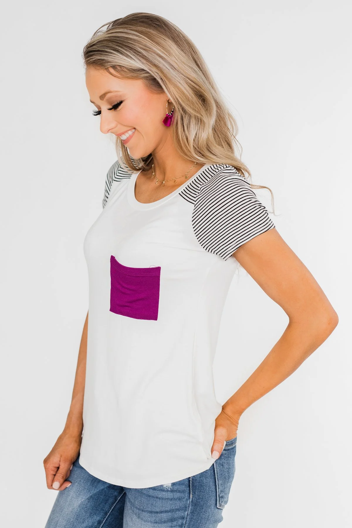 Take Me There Striped Sleeve Pocket Top- Magenta - Image 10