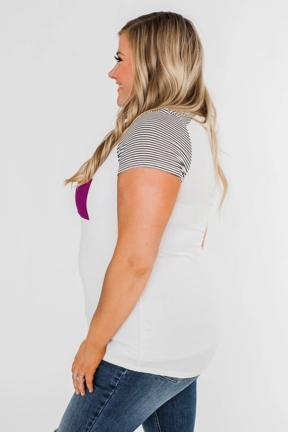 Take Me There Striped Sleeve Pocket Top- Magenta - Image 11