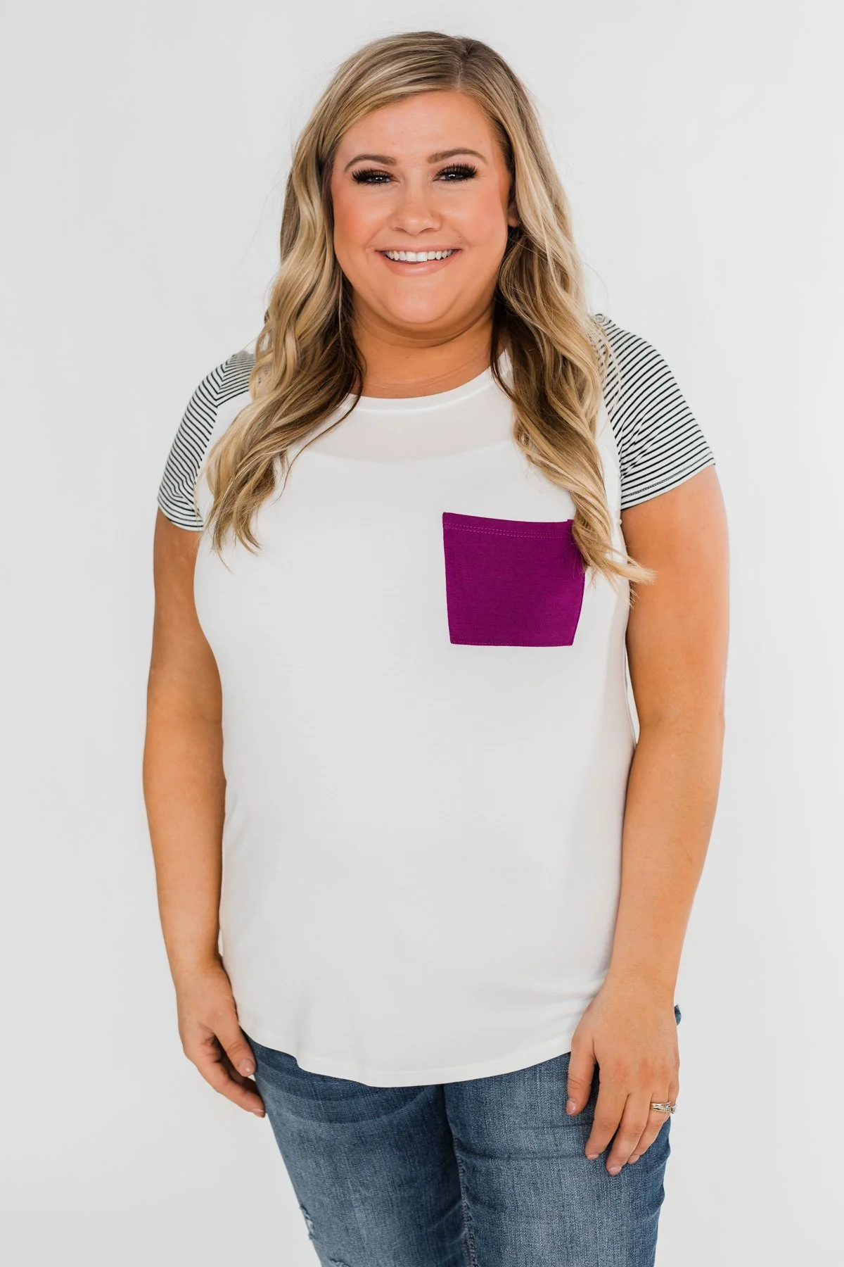 Take Me There Striped Sleeve Pocket Top- Magenta - Image 2