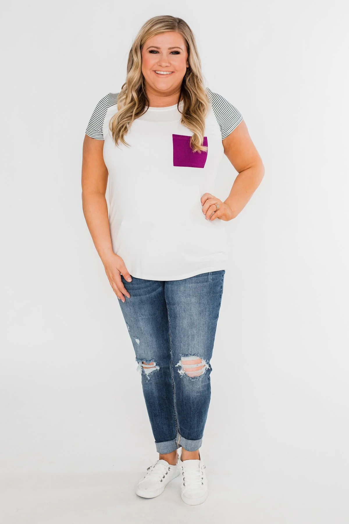 Take Me There Striped Sleeve Pocket Top- Magenta - Image 3