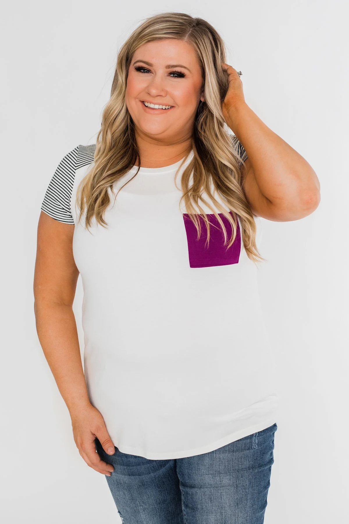 Take Me There Striped Sleeve Pocket Top- Magenta - Image 5