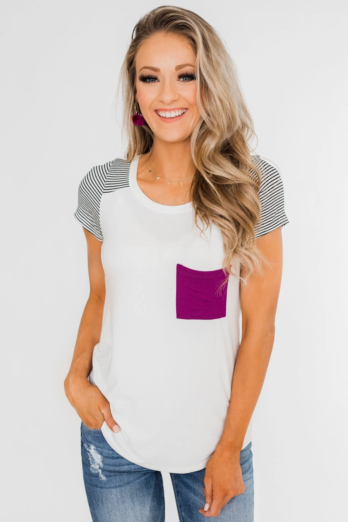 Take Me There Striped Sleeve Pocket Top- Magenta - Image 6