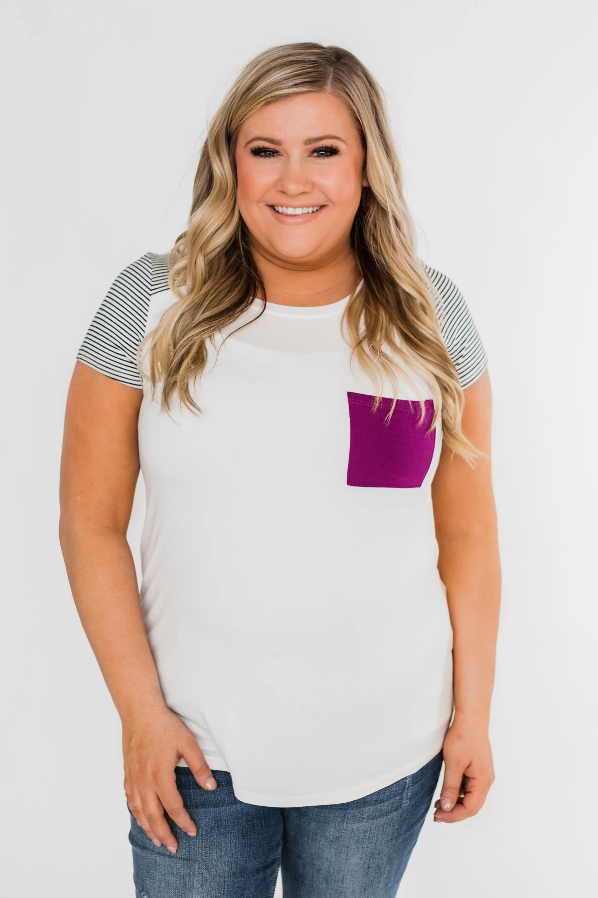 Take Me There Striped Sleeve Pocket Top- Magenta - Image 7