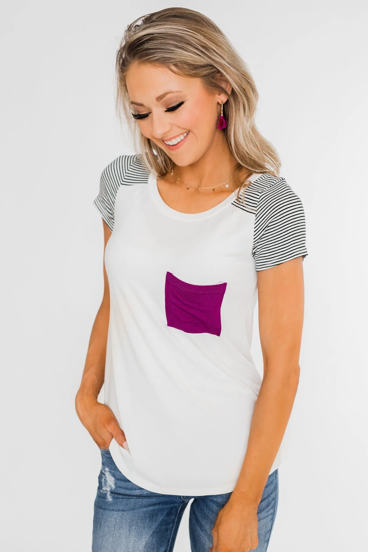 Take Me There Striped Sleeve Pocket Top- Magenta - Image 8