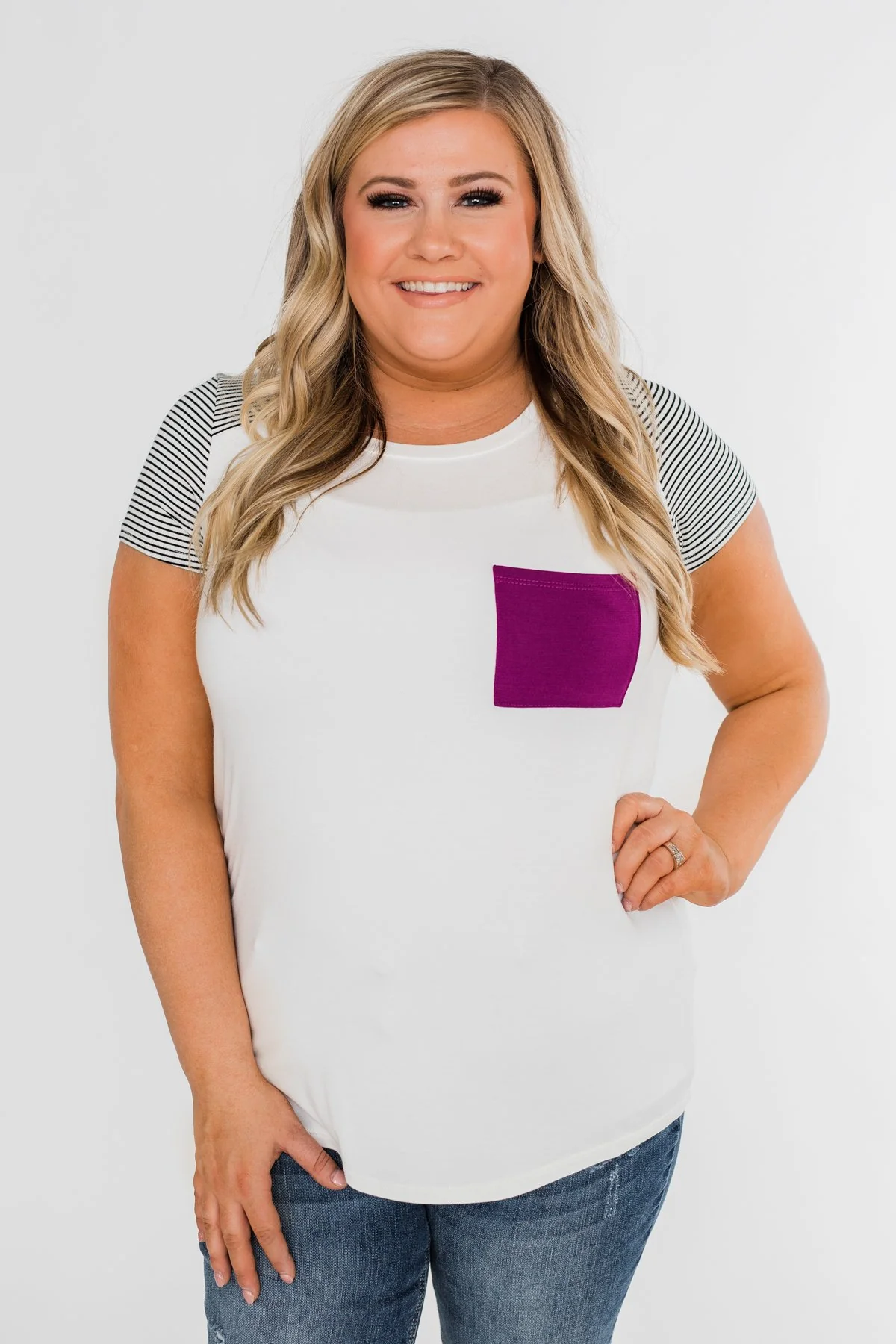 Take Me There Striped Sleeve Pocket Top- Magenta - Image 9