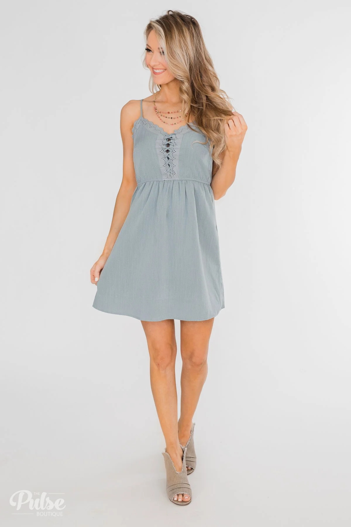 Take Me To Summer Lace Up Dress- Slate Blue - Image 4