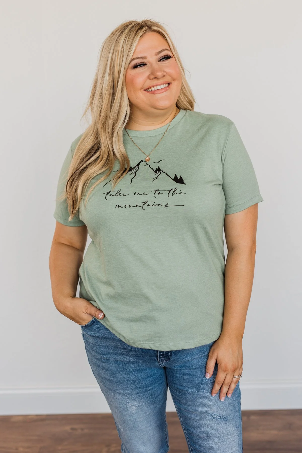 "Take Me To The Mountains" Graphic Tee- Sage - Image 2