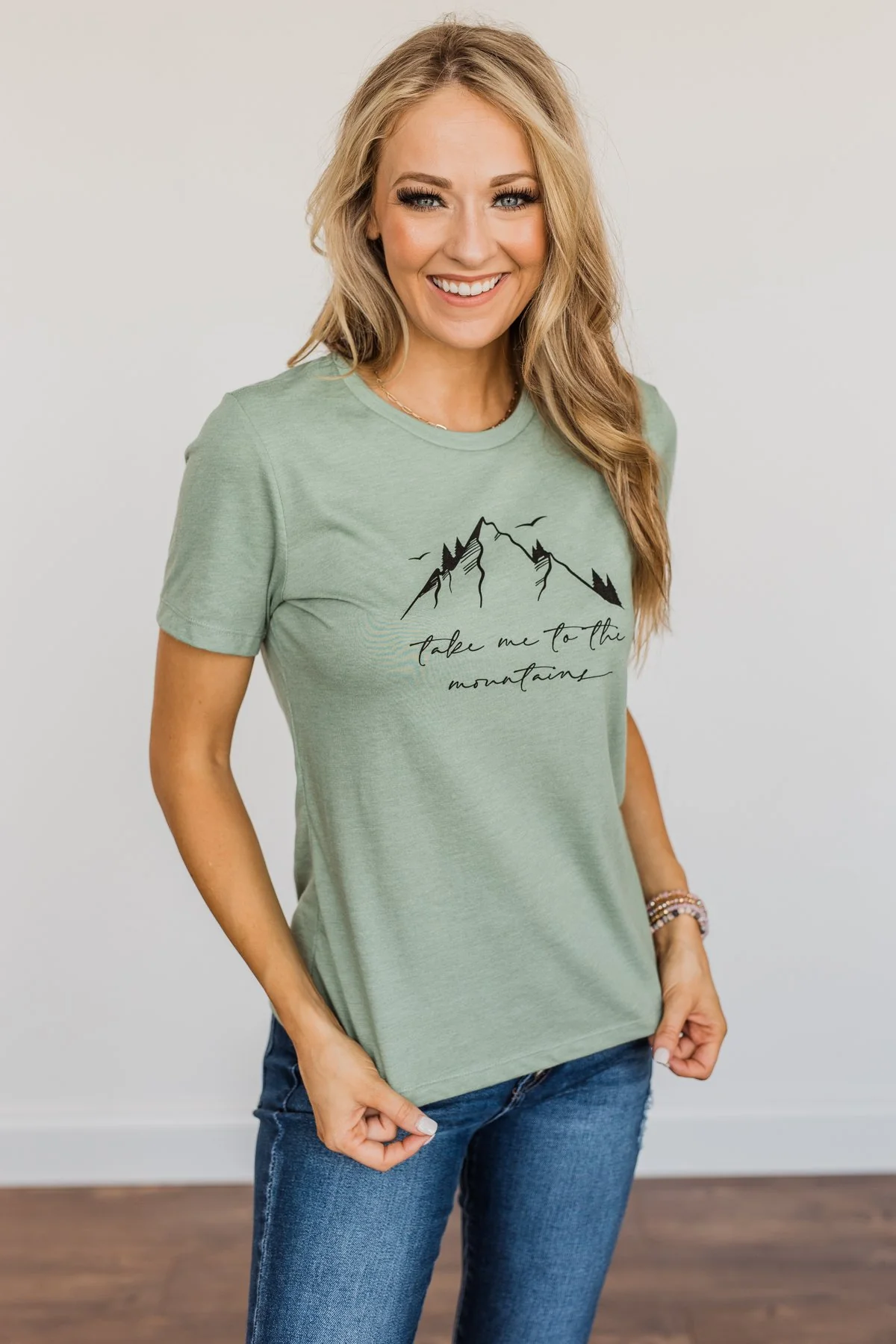 "Take Me To The Mountains" Graphic Tee- Sage - Image 3