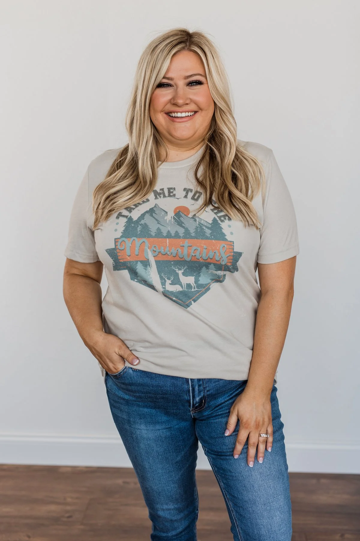 Stunning "Take Me To The Mountains" Graphic Top- Dusty Beige - Image 4