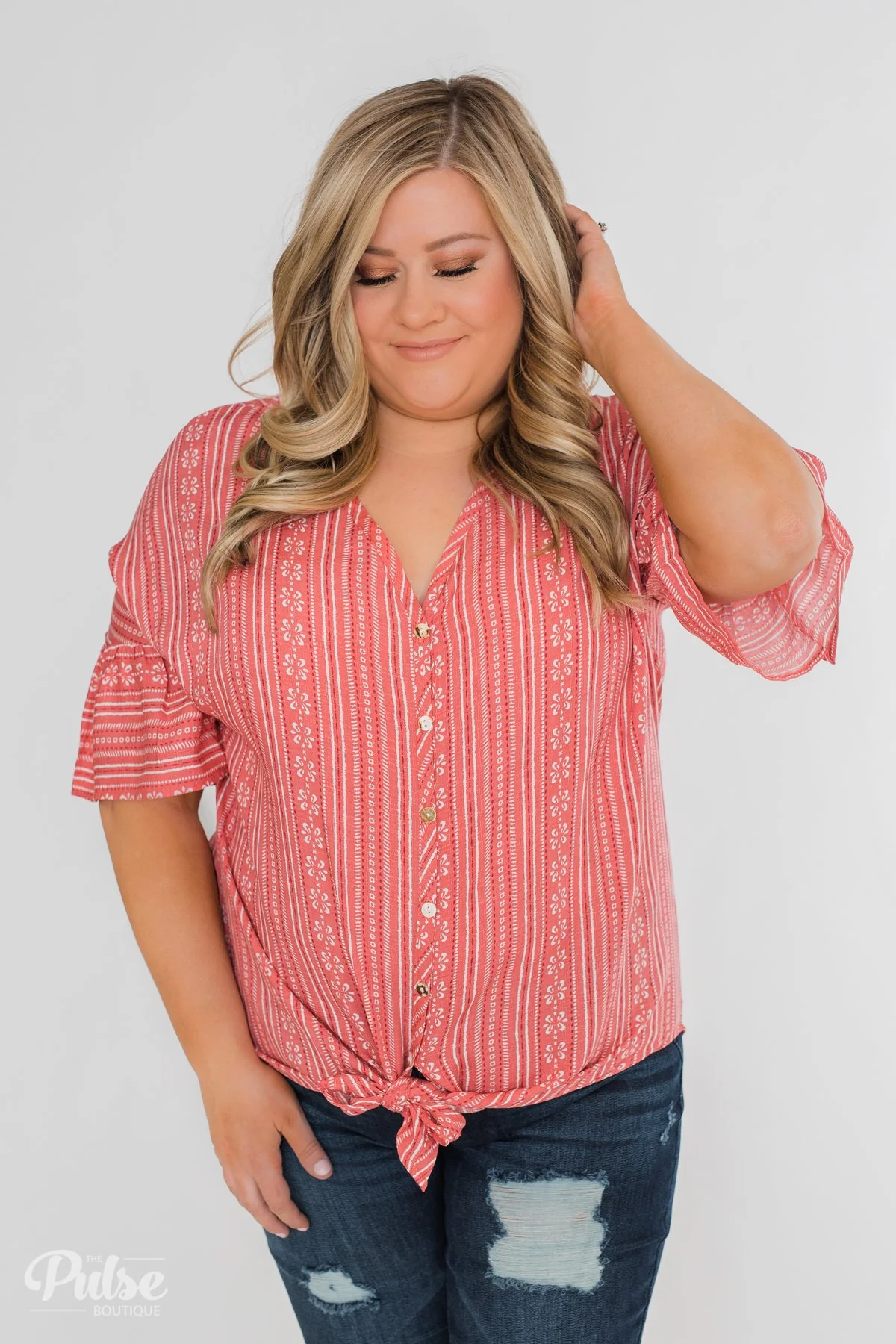 Take Me To The Tropics Front Tie Top- Grapefruit - Image 11