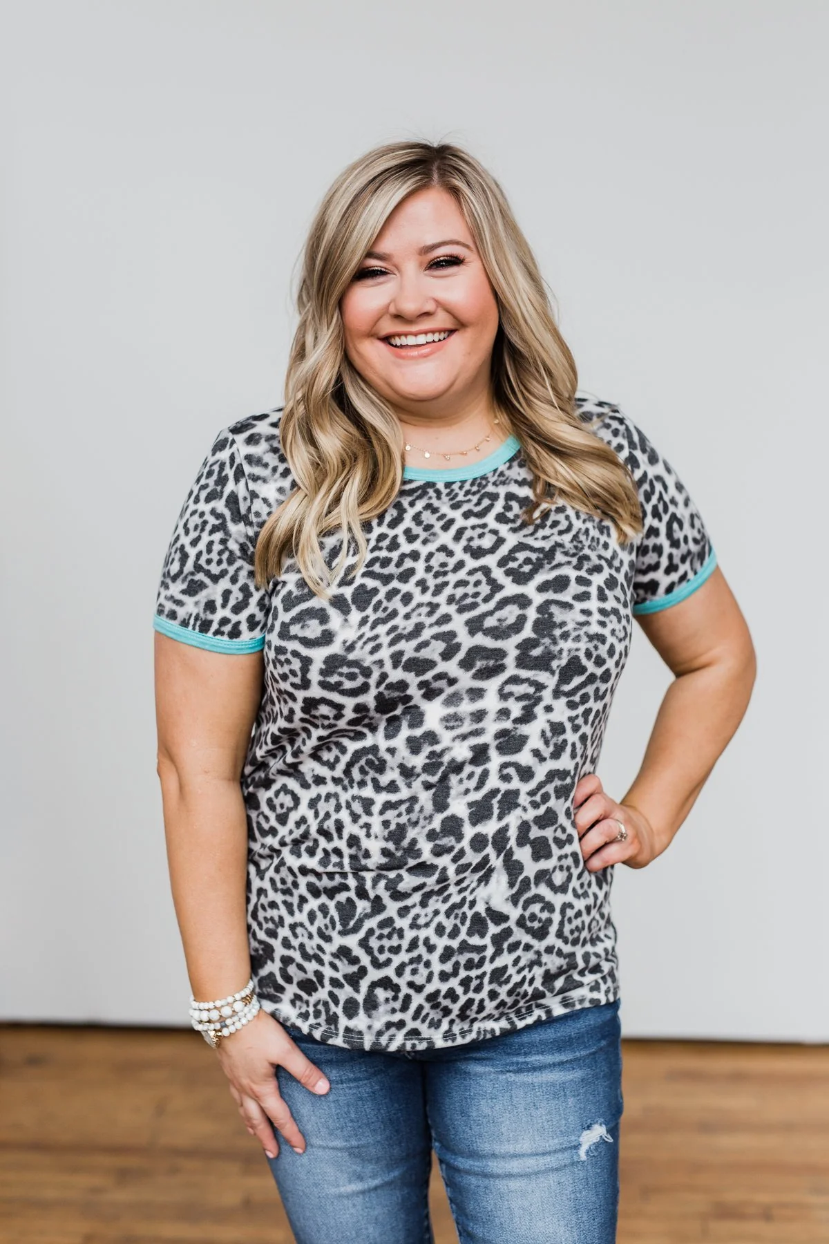 Take My Breath Away Leopard Top- Grey & Mint Blue