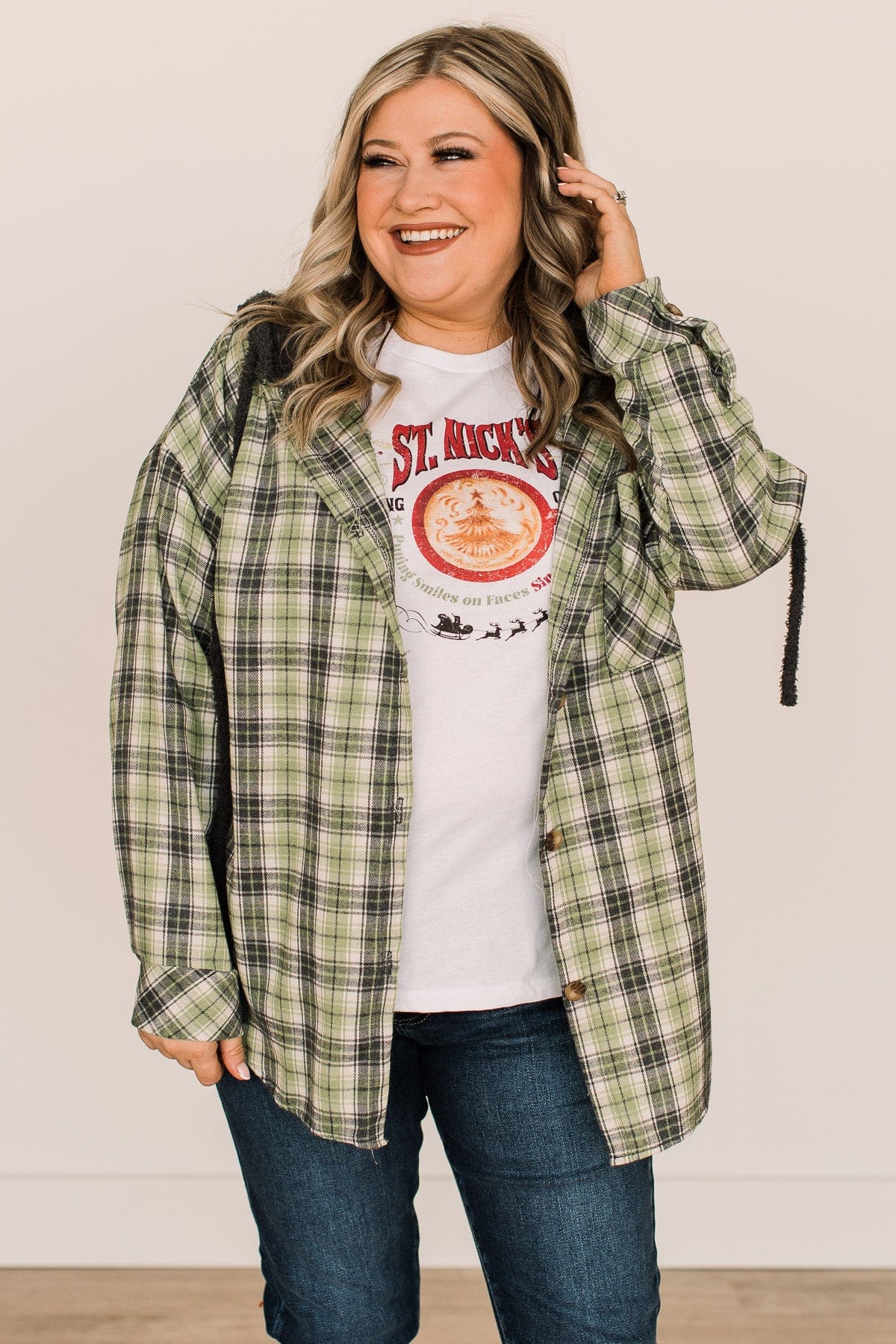 Take The Leap Hooded Plaid Top- Green & Charcoal - Image 2