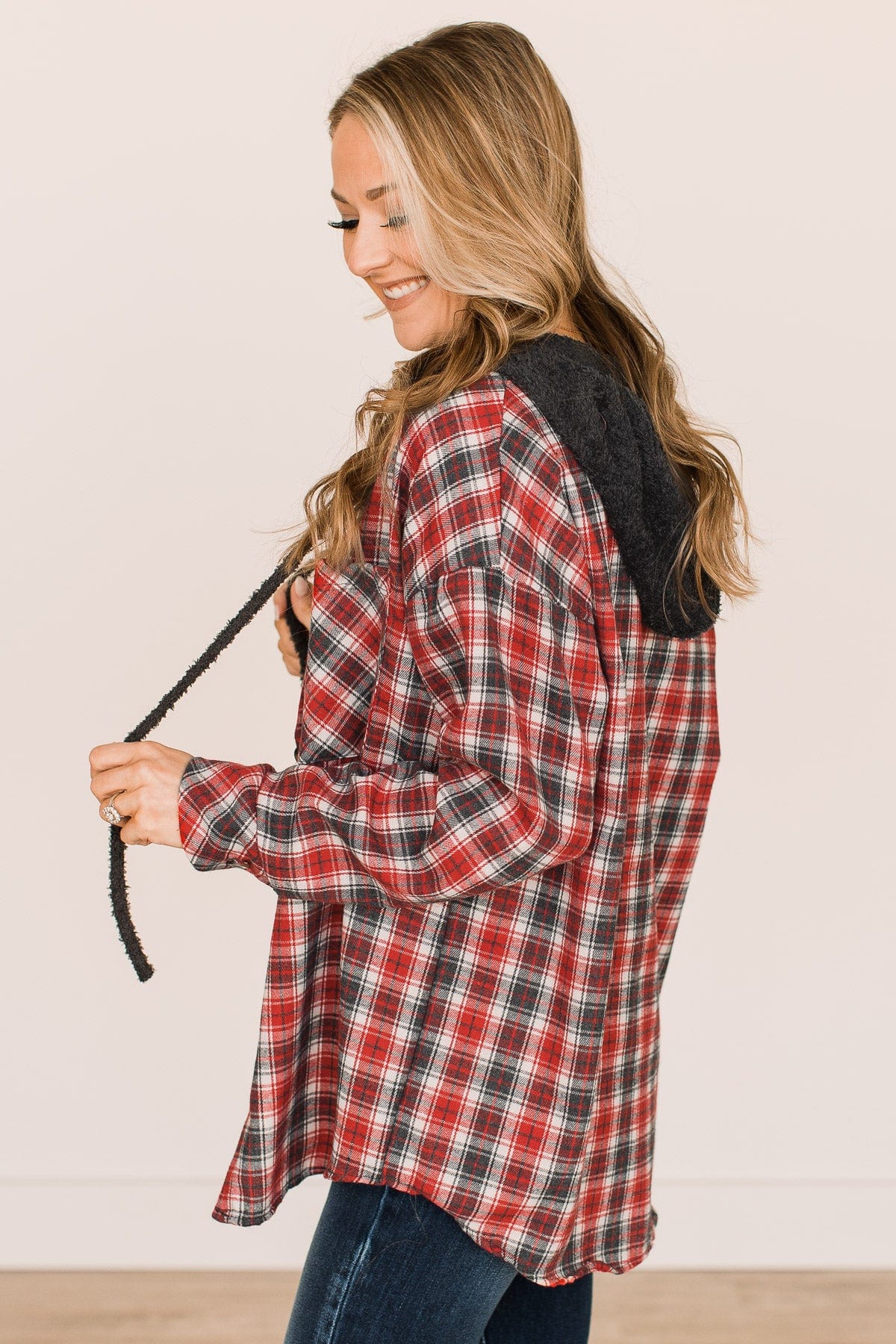 Take The Leap Hooded Plaid Top- Red & Charcoal - Image 5