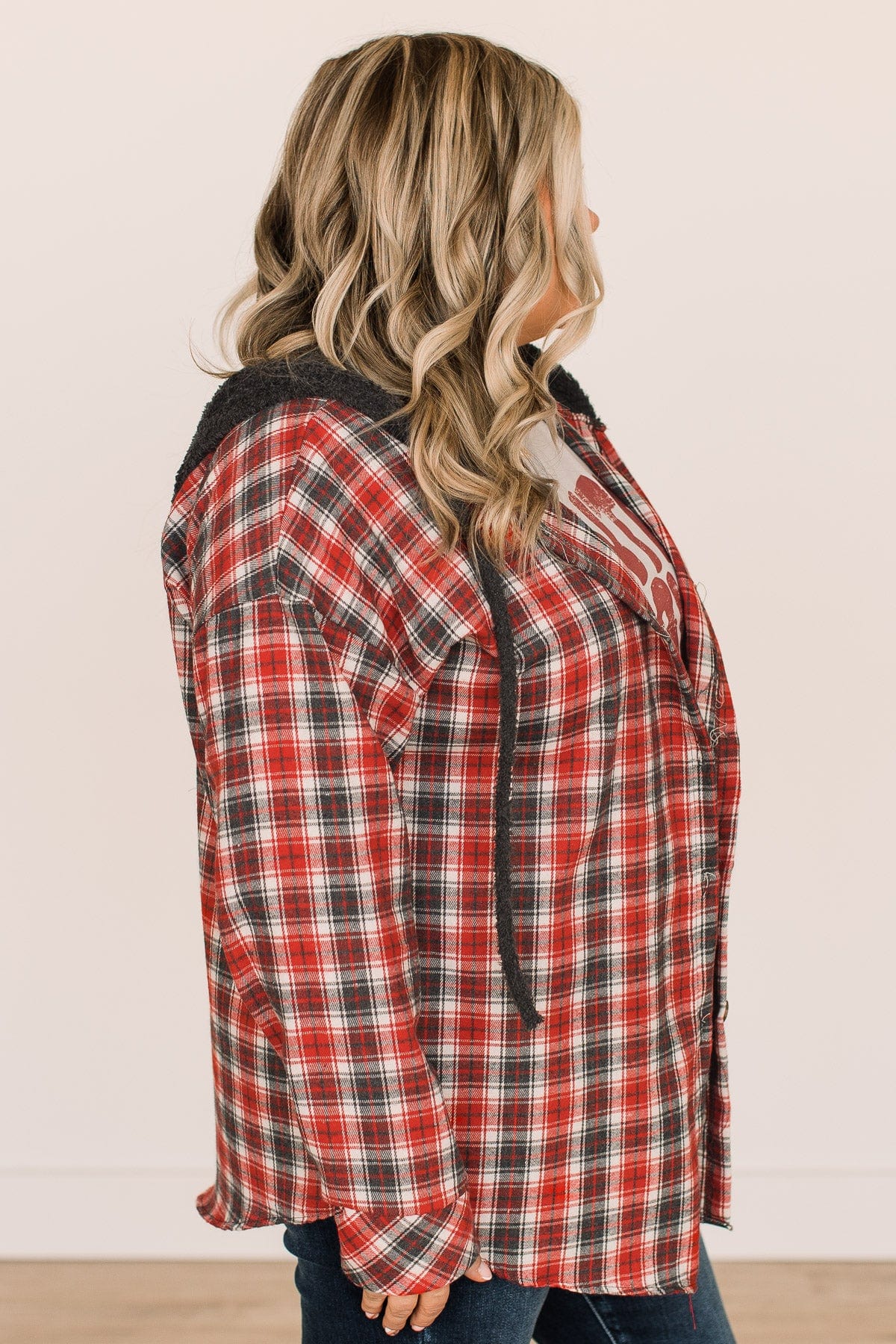 Take The Leap Hooded Plaid Top- Red & Charcoal - Image 6