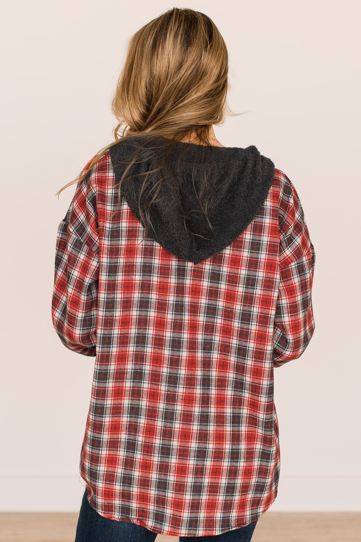 Take The Leap Hooded Plaid Top- Red & Charcoal - Image 7