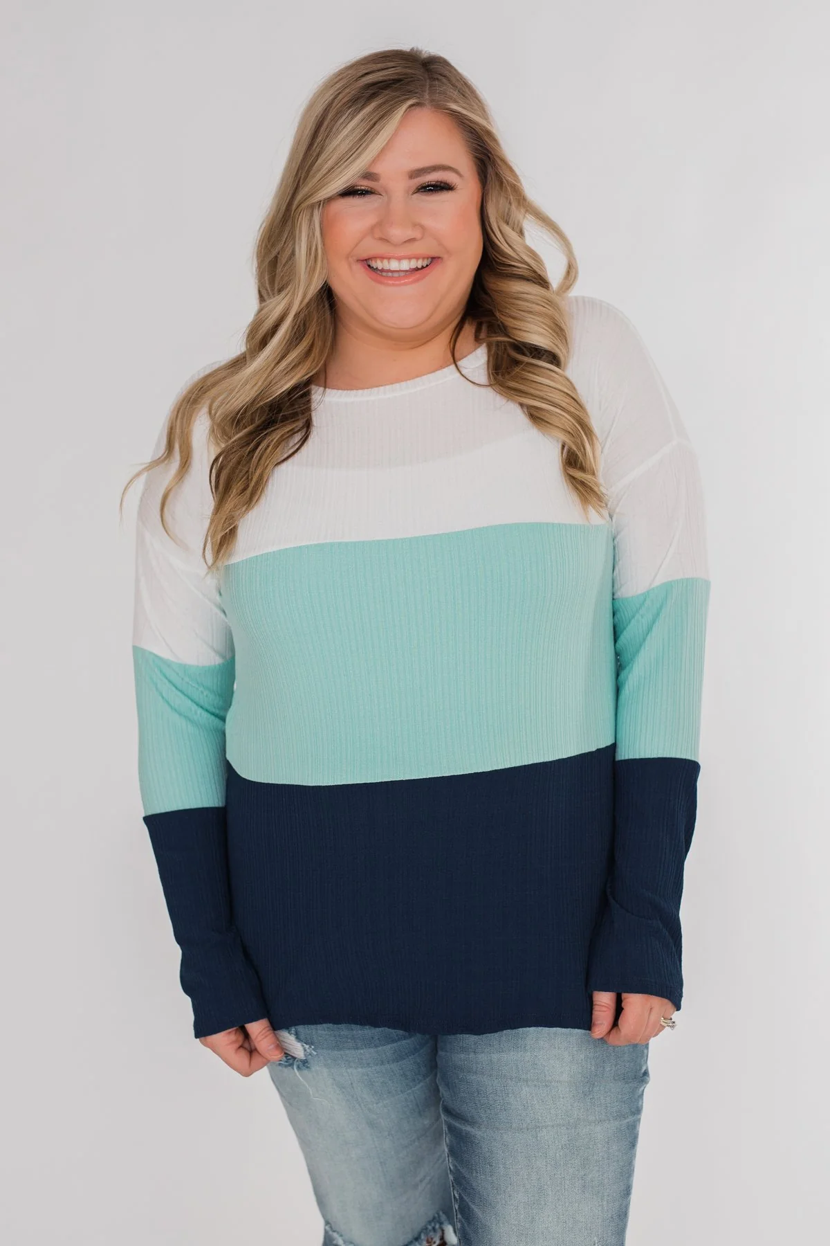 Take The Next Step Long Sleeve Color Block Top- Blue - Image 10