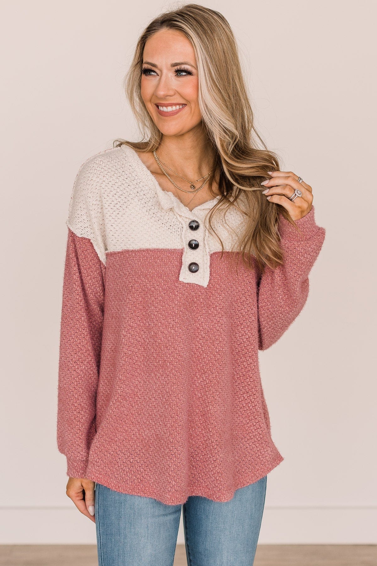 Take Your Chance Button Knit Top- Ivory & Dusty Rose - Image 2