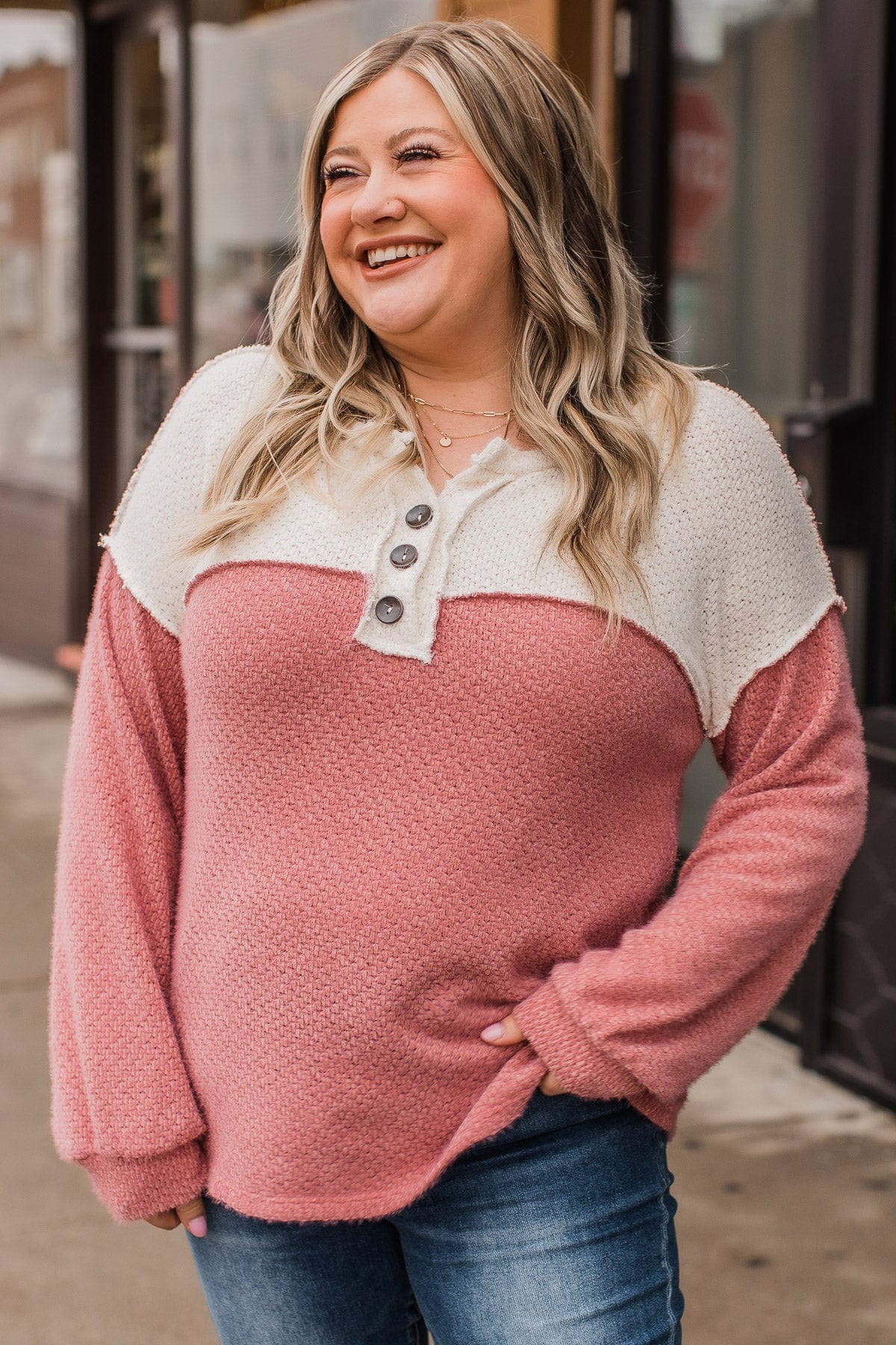 Take Your Chance Button Knit Top- Ivory & Dusty Rose - Image 3